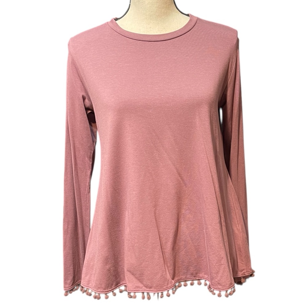 NWT Johnny Was Calme Long Sleeve Swing Tee‎ Shirt with Pom Pom Detail Dusty Pink